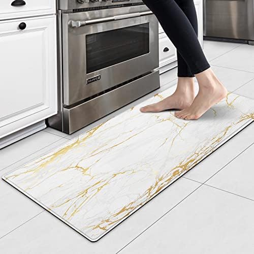 Баоерија, кујнски под, амортизиран анти-замор кујна килим 17 x47 бела и златна мермерна кујна додатоци кои не се скриени и водоотпорни