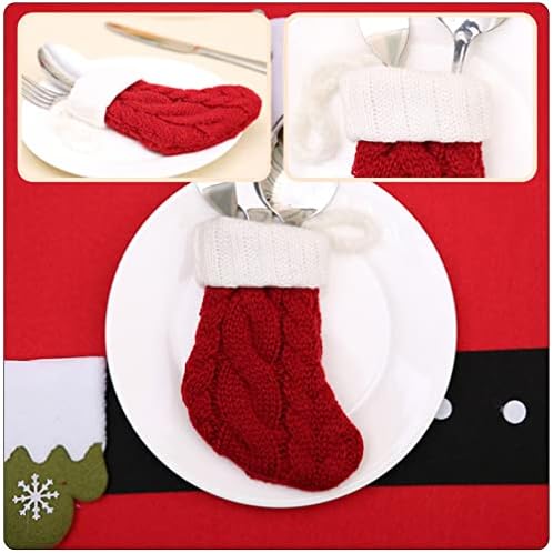 Мини Божиќни чорапи торбички за прибор за јадење: 6 парчиња Божиќни црвени сребрени прибор за празник прибор за прибор за прибор за џеб, декоративна вилушка лажица,