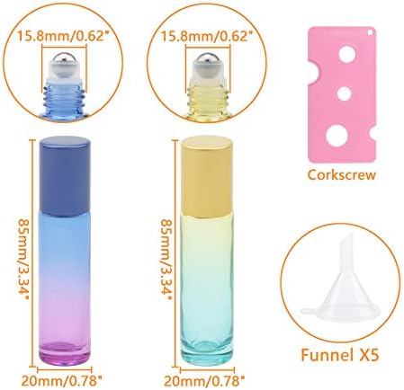 Елбест 10мл тркалачко стакло шише за есенцијално масло 10 парчиња Шарени ролери шишиња со валјаци од не'рѓосувачки челик и инка и капка,