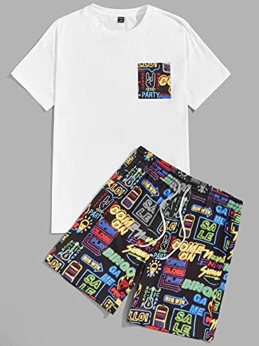 Oshho Облека со две парчиња за мажи мажи, графички лепенка за џеб и шорцеви поставени