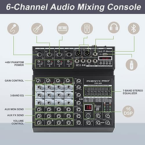 Професионален DJ Audio Mixer, Fenyx Pro Sound Mixer, 6-канална звучна табла за звук Audio W/Bluetooth & USB аудио интерфејс, стерео изедначувач,