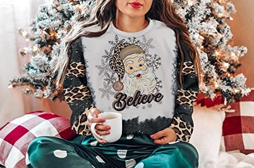 Божиќ Верувајте џемпер жени Дедо Мраз Дедо Мраз леопард печати долги ракави кошула смешна Божиќна капа за одмор лесен пуловер