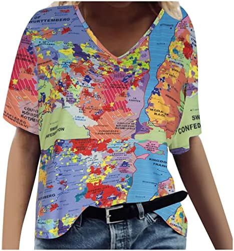 Краток ракав 2023 V вратот памучен графички врвен маица за жени есен летен маица 9L 9L