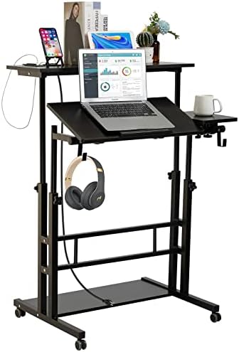 Siducal Mobile Stand Up Desk, прилагодлива лаптоп биро со тркала, работна станица за домашна канцеларија за складирање со USB порти