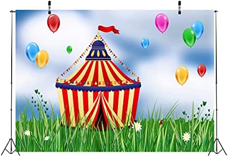Корфото ткаенина 9x6ft Циркус фотографија Фотографија на трева шарена шарена балони Прослава карневалска позадина за бебешки туш роденденска забава торта табела за
