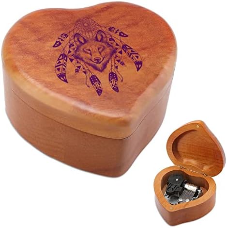 Племенски волк глави пошумени музички кутии гроздобер врежана срцева музичка кутија подарок за Божиќ роденден на годишнината од в Valentубените