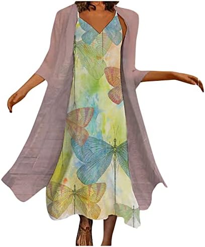 Фустан од половината за жени, женски моден случајна печатена печатена V-врат-врат од ракав, без ракав фустан од два парчиња фустан со