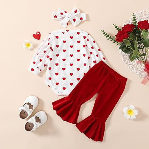 УСКИДКК Бебе девојче Мојата прва облека за Денот на вineубените со долги ракави Руфла Loveубов срце Римпер+Опапени панталони 3 парчиња облека