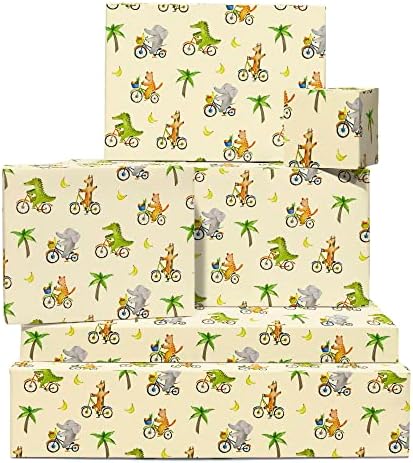 ЦЕНТРАЛНА Хартија за Завиткување од 23 Џунгла-6 Листови Обвивка За Подароци Со Ознаки-Животни На Велосипеди-Крокодил Од Жирафа Од Слон -