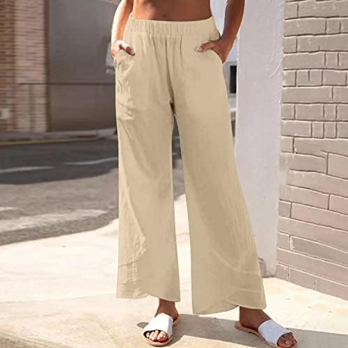 Женски летни памучни панталони за постелнина, фустани обични широки нозе лабава работа удобни модни панталони панталони со џебови