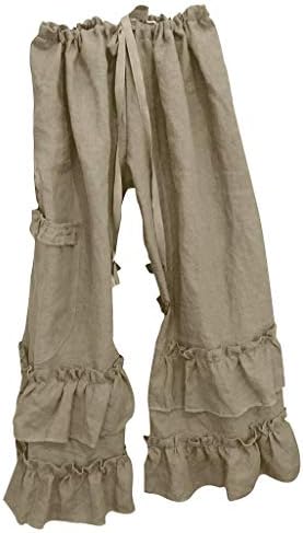 Timemeans Women Ptone Cotton Lenen Двоен слој панталони Обични еластични половини широки нозе долги панталони