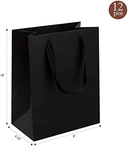 12 компјутери Крафт торби за подароци најголемиот дел од медуим големина 8 x4.75 x10 , црни керт за хартија за хартија со рачки со ленти,