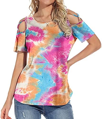 Графички принт цветни блузи за девојки лизгаат кратки ракави ладно рамо памук екипаж на вратот на вратот на вратот, маичка за боја