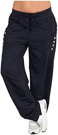 ЗЛОВЕ Широки панталони за жени, карго панталони со панталони памучни постелнина, џеб, случајно влечење на еластична половината права панталони
