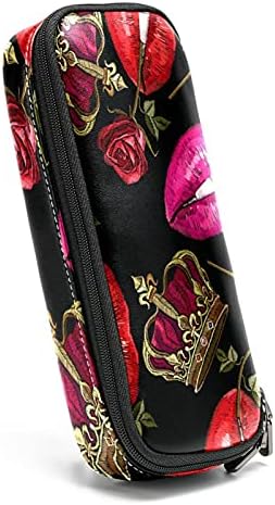 Везени црвени усни круна роза од кожен молив со молив, торба со пенкало со двојна торбичка за складирање торбички за торбички за училишни