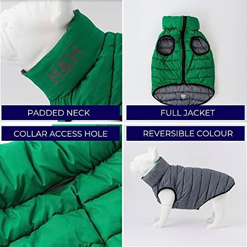 Јакната со реверзибилна кучиња Хуго и Хадсон со дупка со јака - зимско палто со ветровитоско кучиња - топол патент - облека за миленичиња