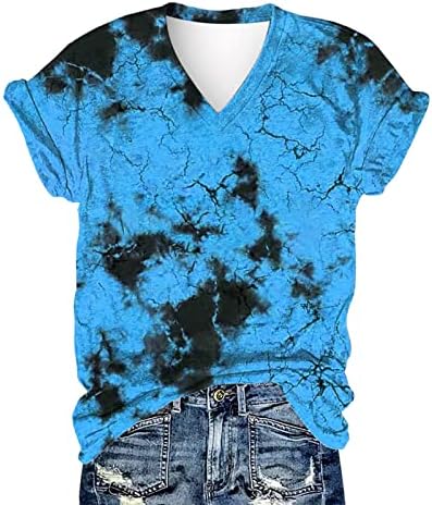 Обична кошула за Tie-Dye Tees за жени V-вратот Туника Врвна мода печатена работна облека лето мека удобна лабава пука