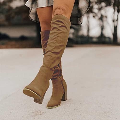 Женски колено високи чизми околу пети средна менка потпетица борба за подигање на подигање на велур страничен патент за возење чизми