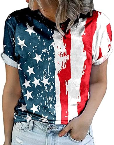 Кошули за вратот на екипажот за жени со краток ракав летни врвови на 4 -ти јули кошули Американски знаме за печатење трендовски
