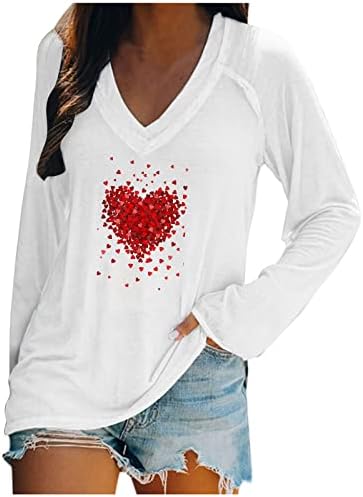 Долги ракави V кошули за вратот за жени, подароци за ден на в Valentубените, симпатични срцеви пакети графички маички елегантни