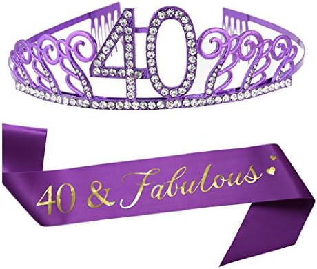 40 -ти роденден Виолетова тијара и појас, виолетова сатен -појас и Кристал Ринестон Роденденска круна за среќна 40 -та роденденска