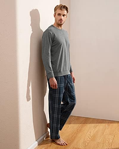 Машката пижама во Лапаса постави долг ракав за спиење за спиење ПЈ горниот дно со џеб ткаени памук плетено карирано копче надолу