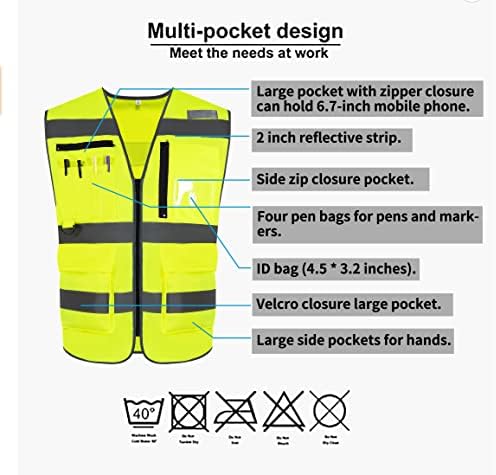 Phrmovs 10 џебови Класа 2 Висока видлива рефлексивна безбедносна елек за дишење и работна облека за поставување мрежи
