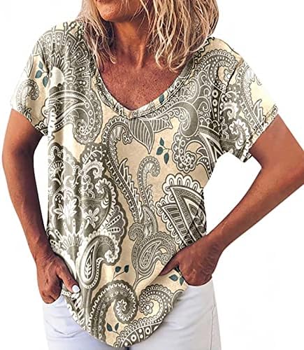 Тинејџерски девојки есен лето длабоко V вратот блуза со кратки ракави, памучна графичка лежерна кошула за блуза за жени wd wd