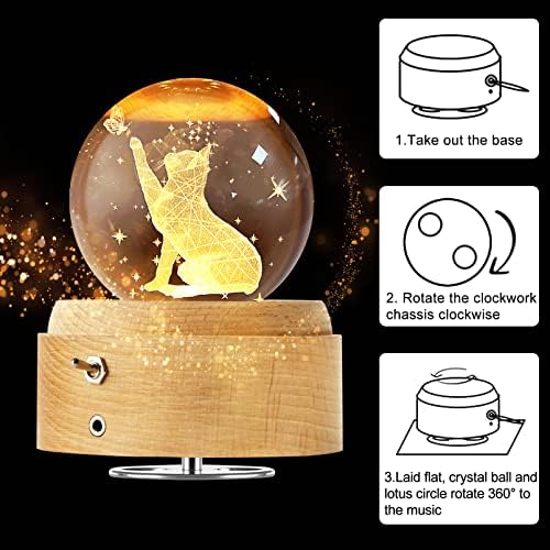 3Д Кристал топка Глобус мачка музичка кутија со LED ноќна светло ламба, најдобри декор подароци за татко татко маж маж момче