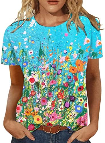 Womenените цветни маички модни летни обични печатени кружни врат лабава маица со кратки ракави Топ тунична блуза 2023