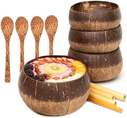 Сет на чинии од дождовни шуми од 4 џамбо дво -тони кокосови чинии, 4 дрвени лажици и 4 сламки за еднократно бамбус - природно, рачно