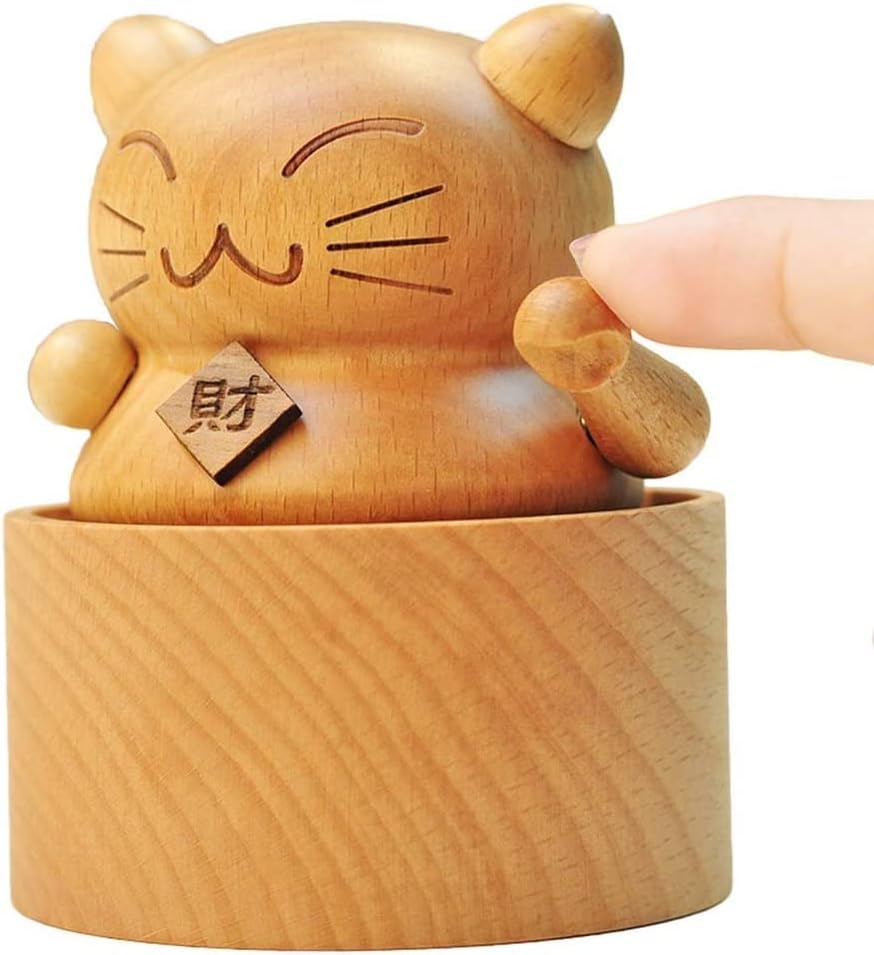 Среќна мачка цртана мини мини дрвена ротирачка музичка кутија Дома Декорација на Денот на вineубените идеи за роденден 8 * 8 * 9см украси