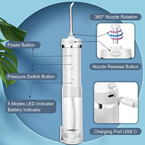 Леоминор вода Флосер безжичен за заби заби, надграден орален наводнувач за пиење со 5 режими на притисок и 5 совети за млазници, IPX7