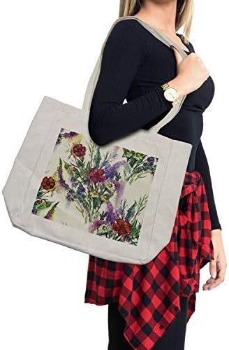 Амбезон гроздобер торба за купување, шема на акварел ефект Шарен пролетен цветен букет, еко-пријателска торба за еднократна употреба за намирници