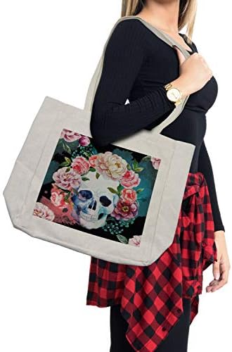 Торба за шопинг на черепот „Амбесон шеќер“, акварел стил готски череп слика со нежни пенини како фестивалски венец, еко-пријателска торба за еднократна