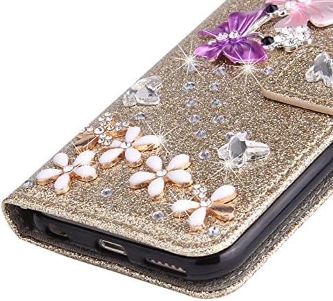Лосин компатибилен со iPhone 14 Pro Max Case Case со слотови за картички луксузни 3D сјајни сјајни дијаманти rhinestones butterfly цвеќиња