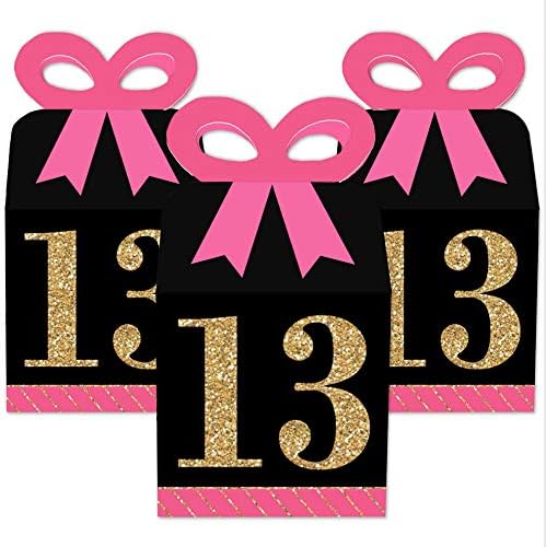 Голема точка на среќа шик 13 -ти роденден - розова, црна и златна - кутии за подароци на квадратни фаворити - кутии за лак за роденден