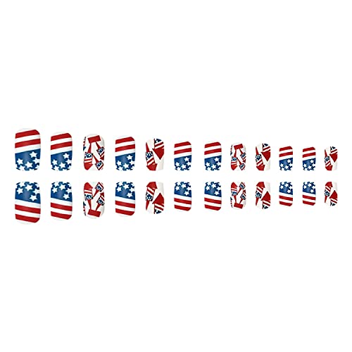 24 парчиња Ден На Независноста Лажни Нокти 4 јули Притиснете На Ноктите Краток Квадрат Лепак На Ноктите Стап На Ноктите Американско
