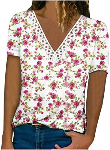 Женски 2023 V копче од чипка на вратот, памучно копче надолу по цветниот графички лежерна маичка за џемпери долги кратки ракави за дами