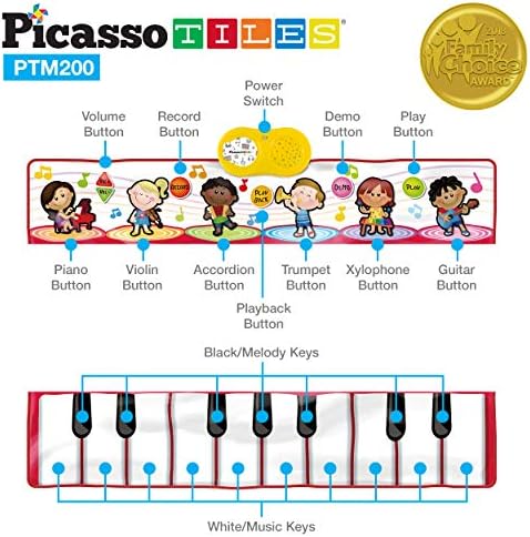 PicassoTiles PTM200 Преносни Големи Пијано Тастатура Едукативни Музички Playmat w/ 17-Клуч, 6 Музички Инструменти, 7 Демо Песни,