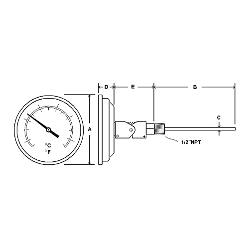 PIC мерач B5A12-MM 5 ”големина на бирање, 50/300 ° F и 10/149 ° C, 12 должина на стеблото, прилагодлива врска со агол, кутија од не'рѓосувачки