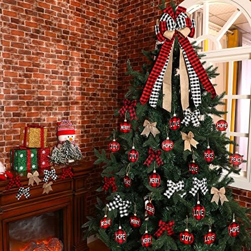 Божиќно држење лак Бафало кариран декоративен лак, 12 парчиња мали коцки лакови мини црна црвена карирана лак, 12 парчиња дрвени висечки украси
