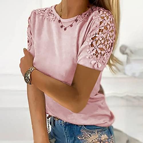Женски цветни чипка маица отсечени кратки ракави врвови со цврста боја трендовски маички кошули облечени обични екипаж на вратот на