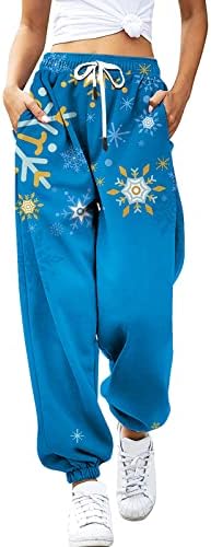 Christmasените Божиќни печати за џемпери, обични високи половини, опуштени вклопени широки панталони за нозе Снегулка лабава вклопени