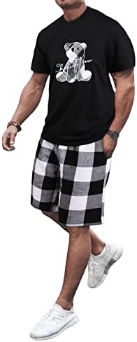 Горглитер машка облека од 2 парчиња мечка графички печати и шорцеви за половината на половината за влечење поставени со џебови