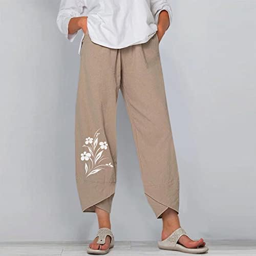 Обични панталони со капри за жени еластични половини памучни постелнина панталони цврсти бои широки нозе со џемпери со џебови