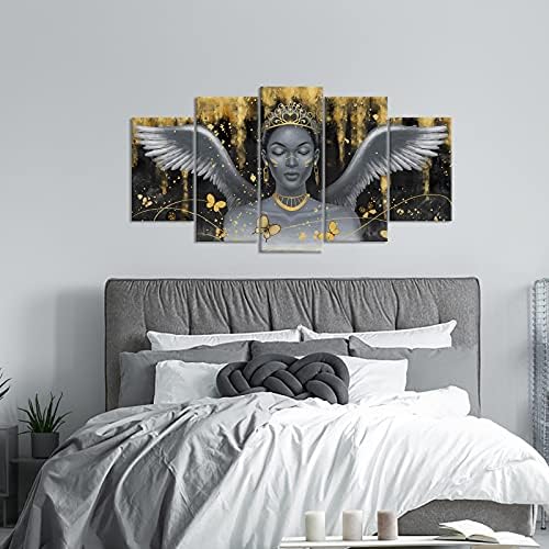 Ouelegent African Woman Canvas wallидна уметност 5 парчиња црна кралица жени со круна ангелско крило слика слика црна и златна отпечатоци
