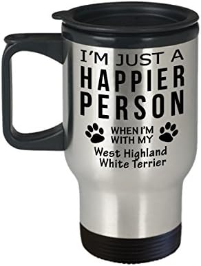 Куче Љубовник Патување Кафе Кригла-Посреќна Личност Со Западен Хајленд Бел Териер-Миленичиња Сопственик Спасување Подароци
