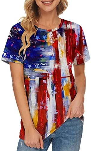 4 -ти јули Американско знаме Туника за жени скријте ја кошулата на стомакот летен лесен празник за кратки ракави на кратки ракави нагоре против