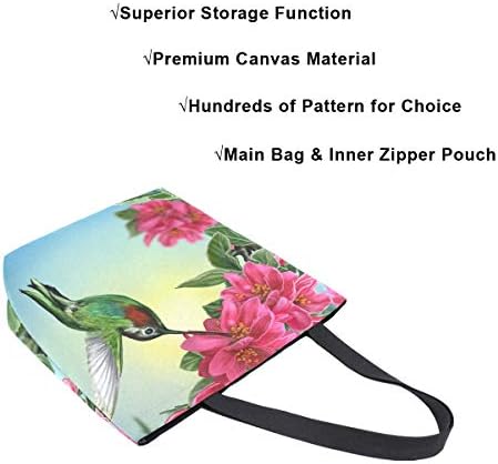 Алаза колибри и цвеќиња платно торба торба со врвни рачки чанти големи количини чанти за еднократно памучно рамо за рамо за жени